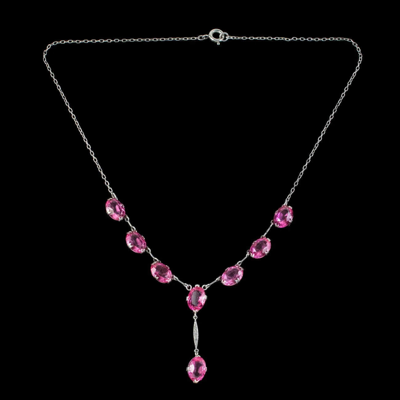 Vintage Pink Paste Lavaliere Necklace Silver