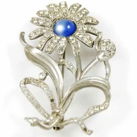 Vintage Silvertone Daisy Brooch Blue Cabochon Center 1930S