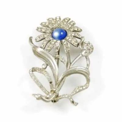 Vintage Silvertone Daisy Brooch Blue Cabochon Center 1930S